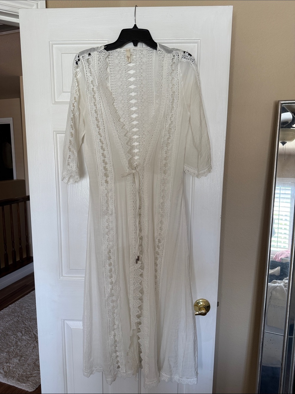 Elan Cream Lace-Trim Long Swim Coverup with Tie Front